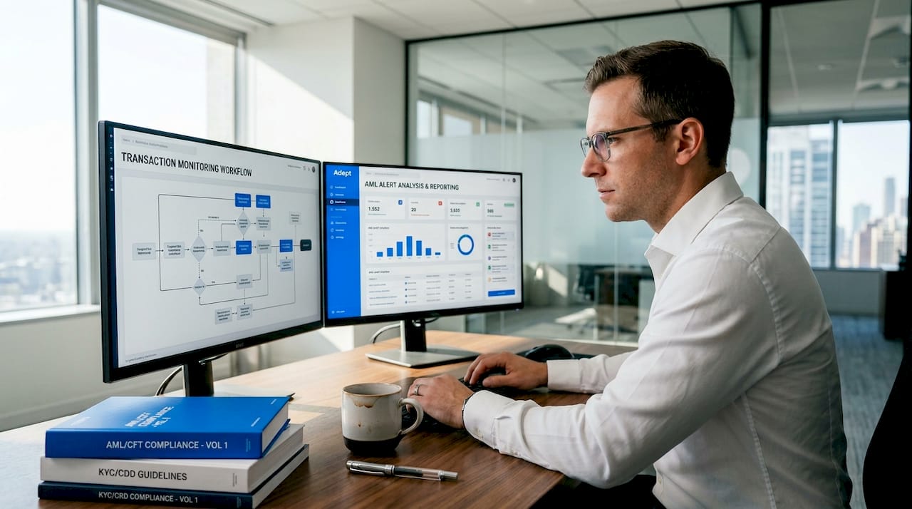 Financial compliance officer analyzing AML charts at desk