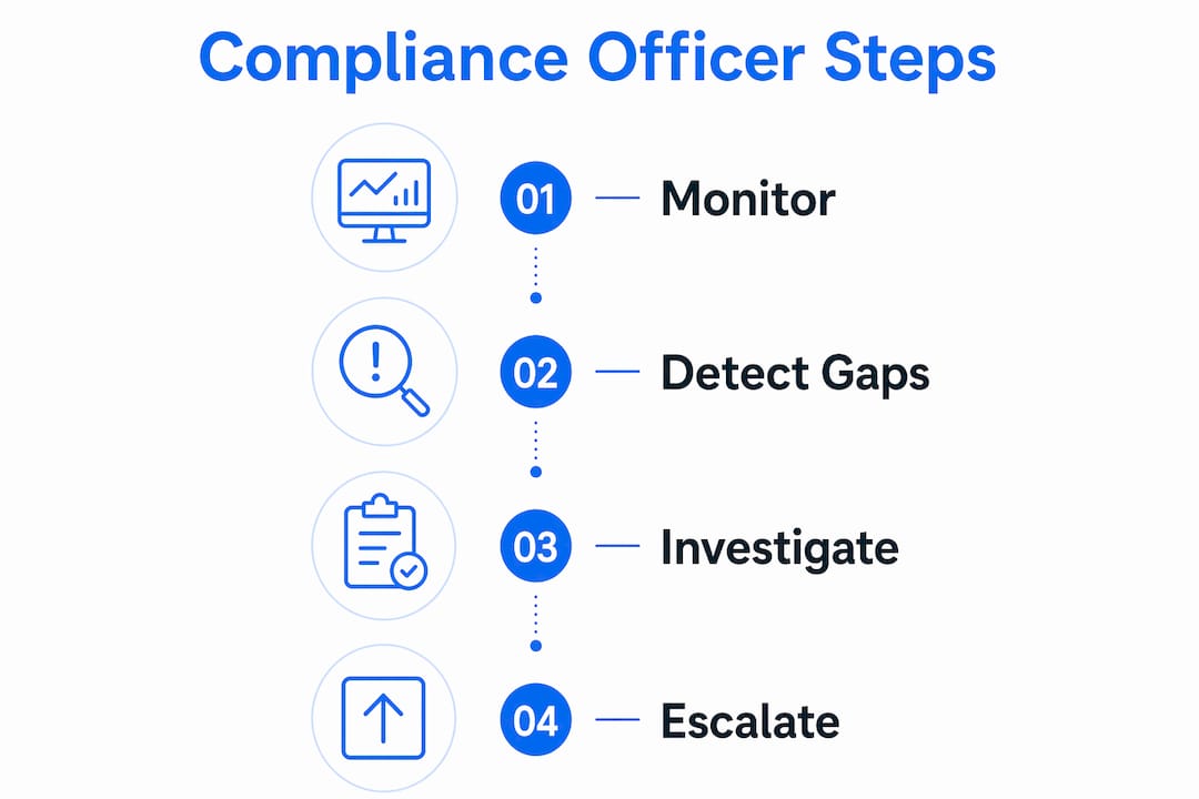 Infographic illustrating compliance officer workflow steps