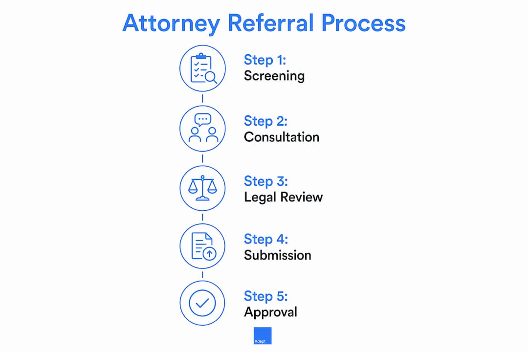 Infographic illustrating attorney referral steps for registration
