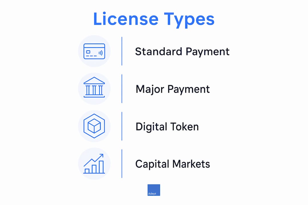 Infographic showing main Singapore digital asset license types