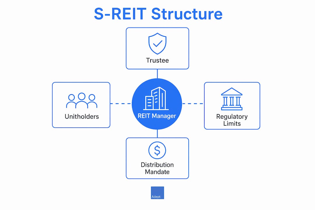 Infographic illustrating Singapore REIT structure flow