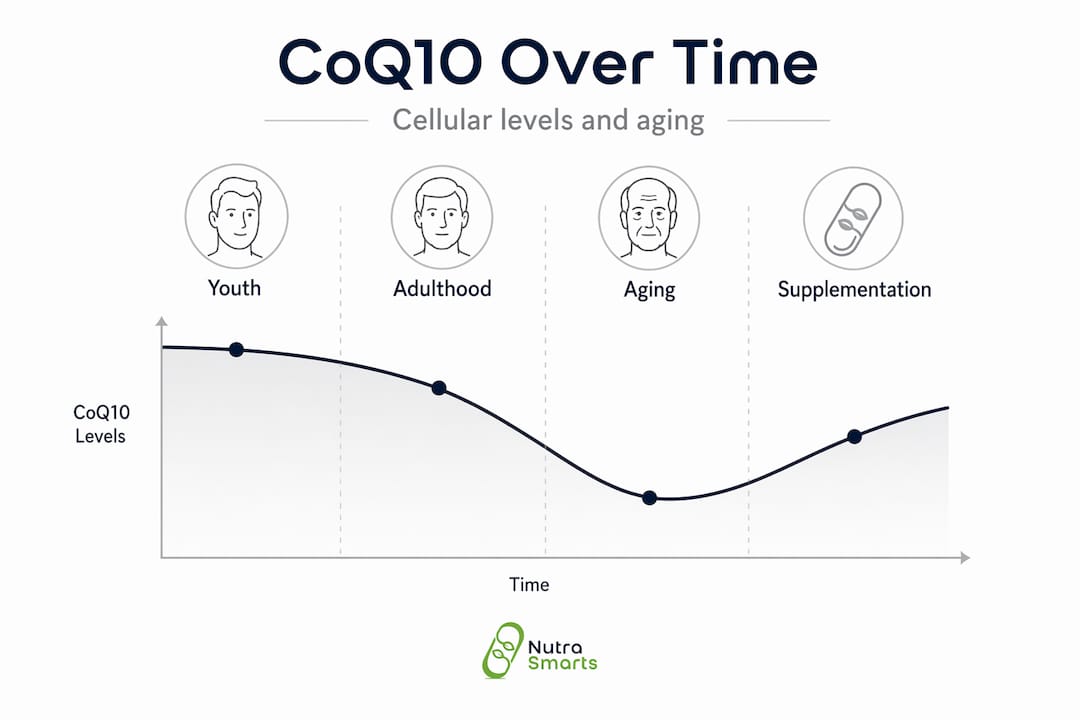 Infographic timeline of CoQ10 and aging stages
