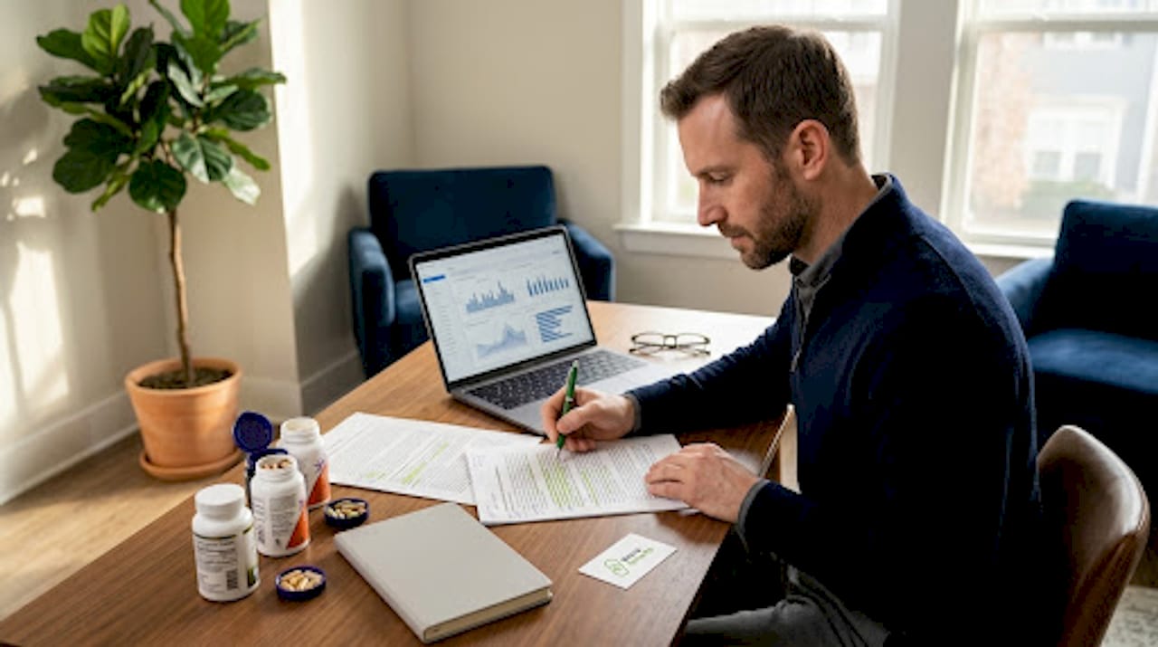 Nutritionist reviewing supplement systematic review documents