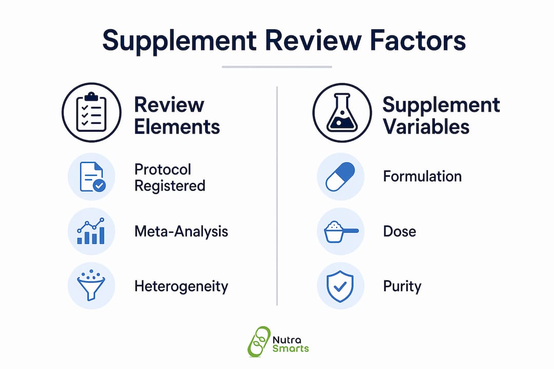 Infographic showing factors in supplement systematic reviews