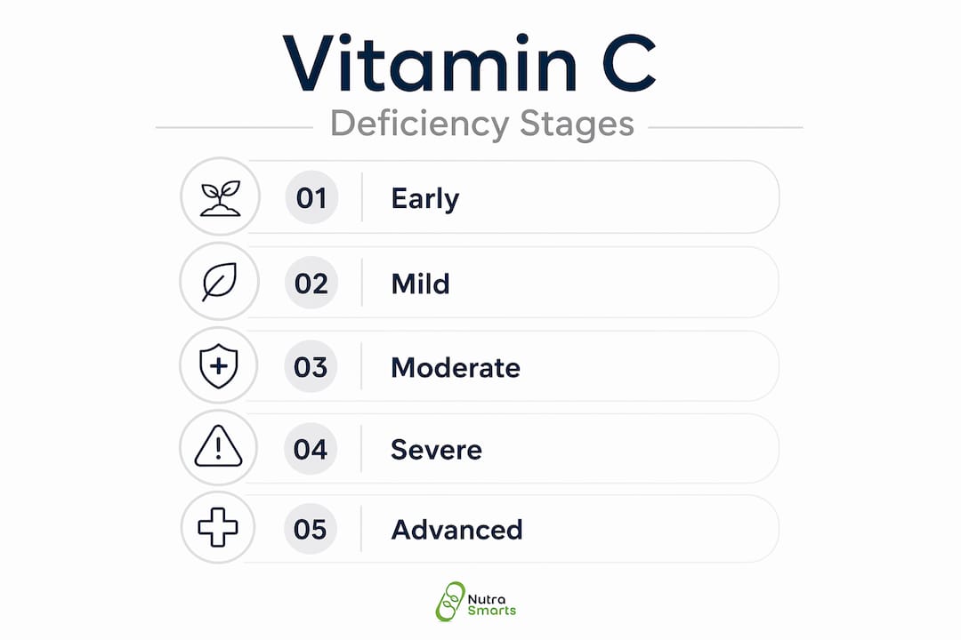 Infographic illustrating stages of vitamin C deficiency symptoms