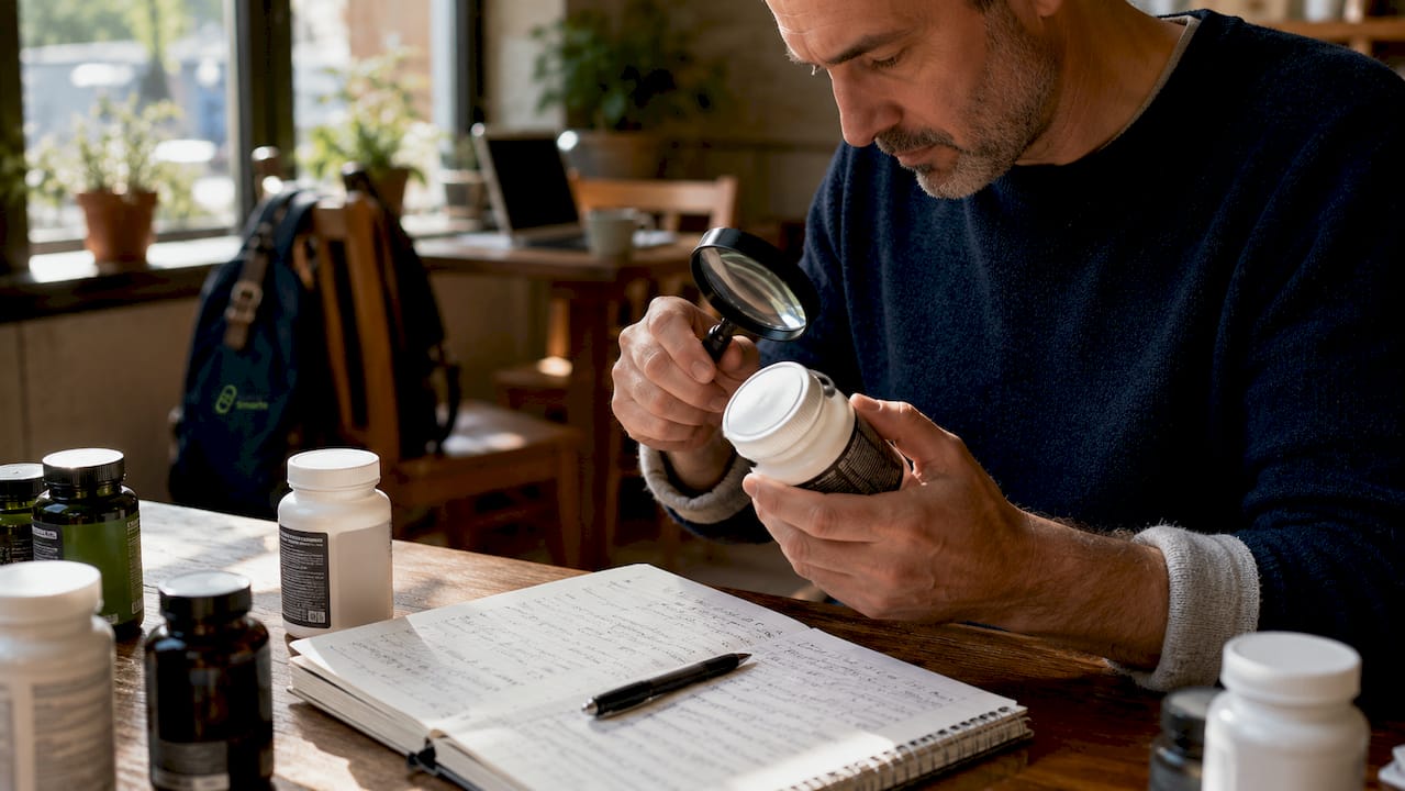 Hands inspecting supplement label with magnifying glass