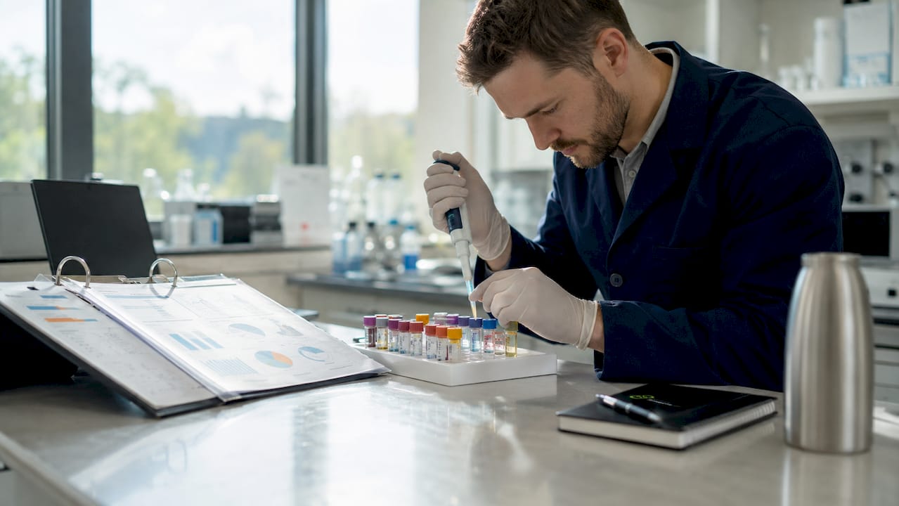 Hands holding pipette over serum vials on clinical desk