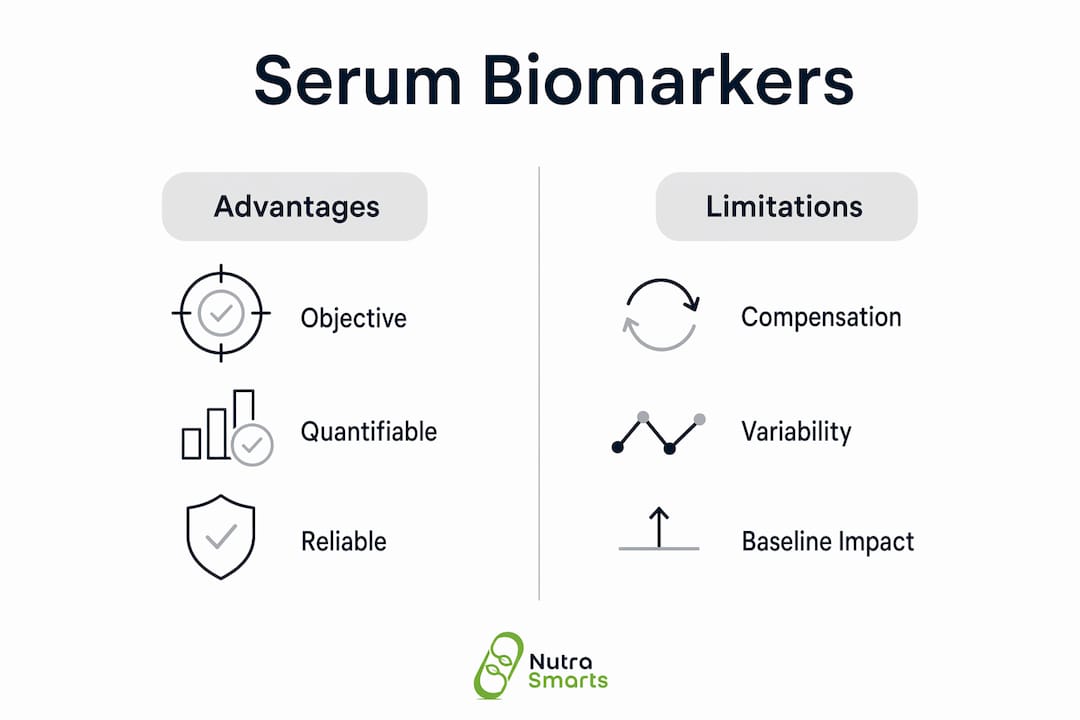 Infographic comparing advantages and limitations of serum biomarkers