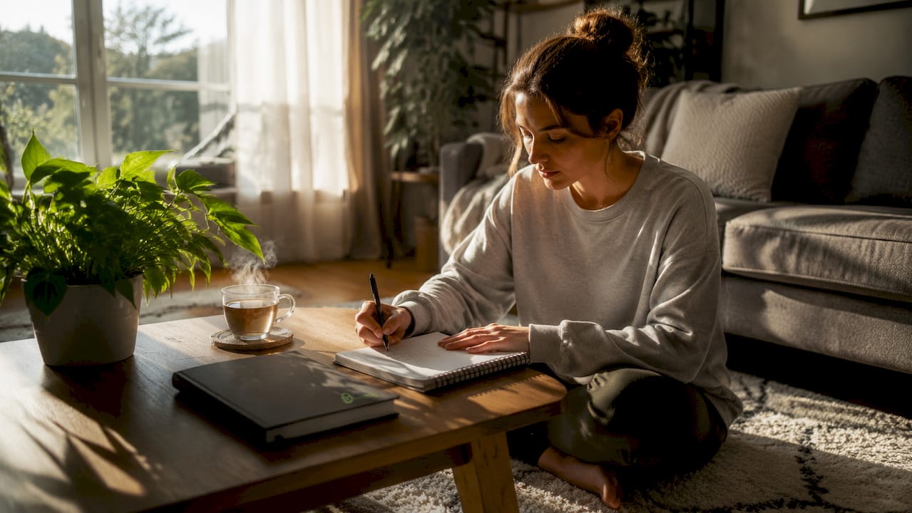 Hands writing clear supplement goals on notepad