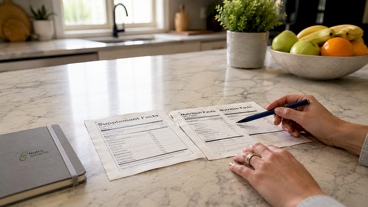 Hands comparing single and dual-column nutrition labels
