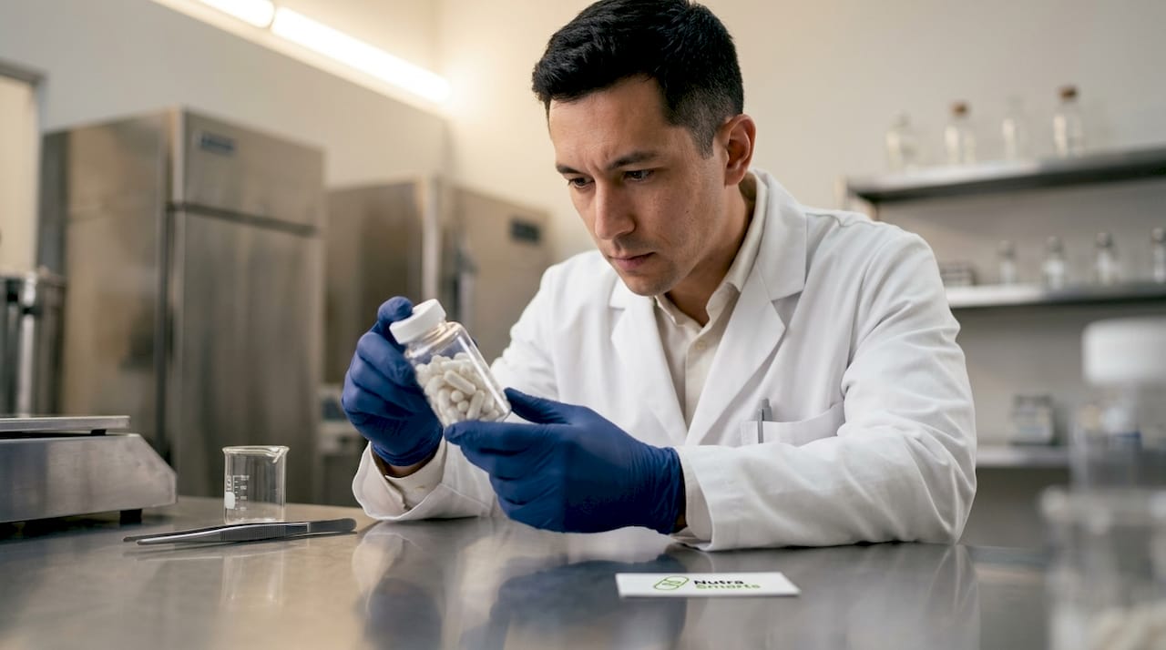Scientist hands with supplement capsules and tablet