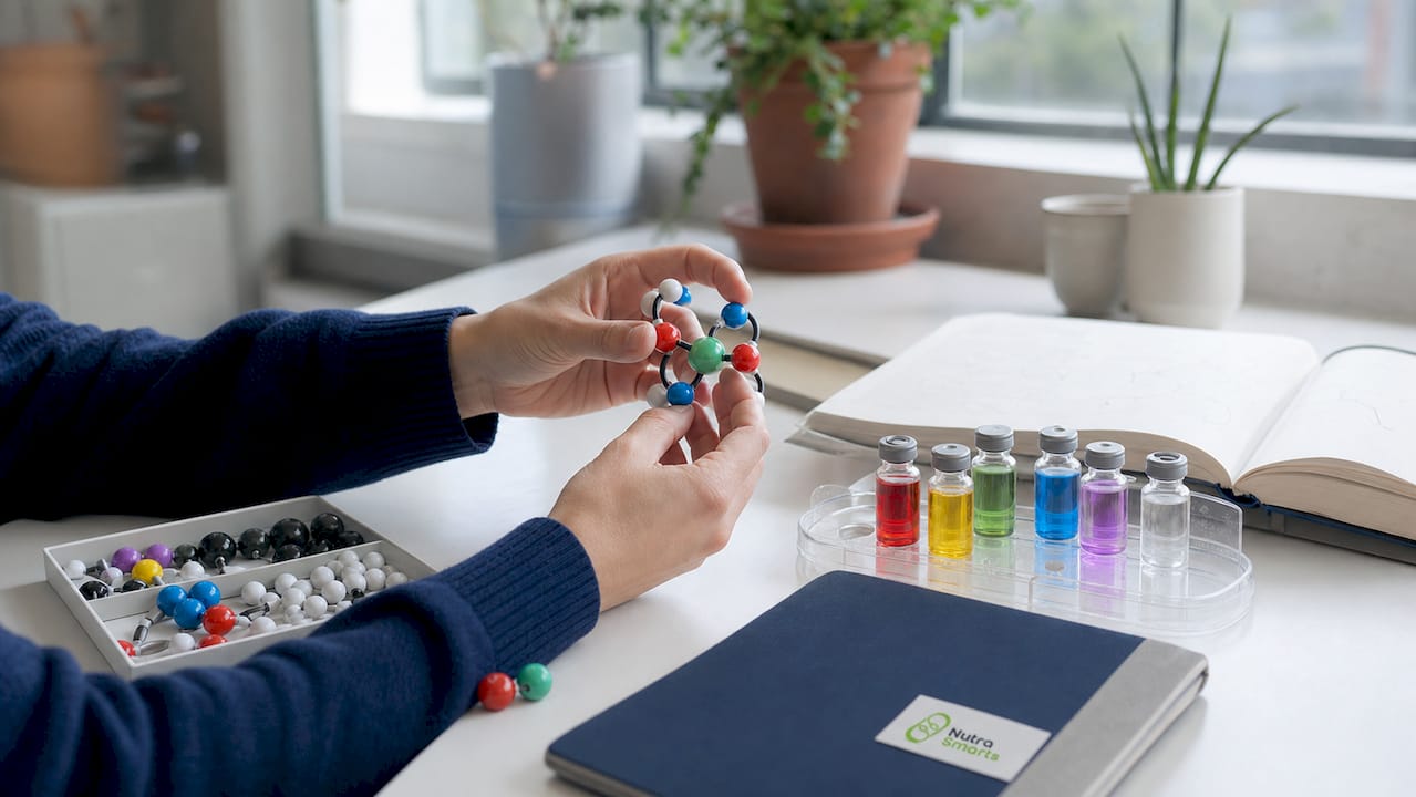Hands arranging mineral chelation models and vials