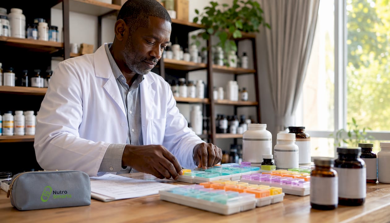 Pharmacist preparing supplement pill organizer
