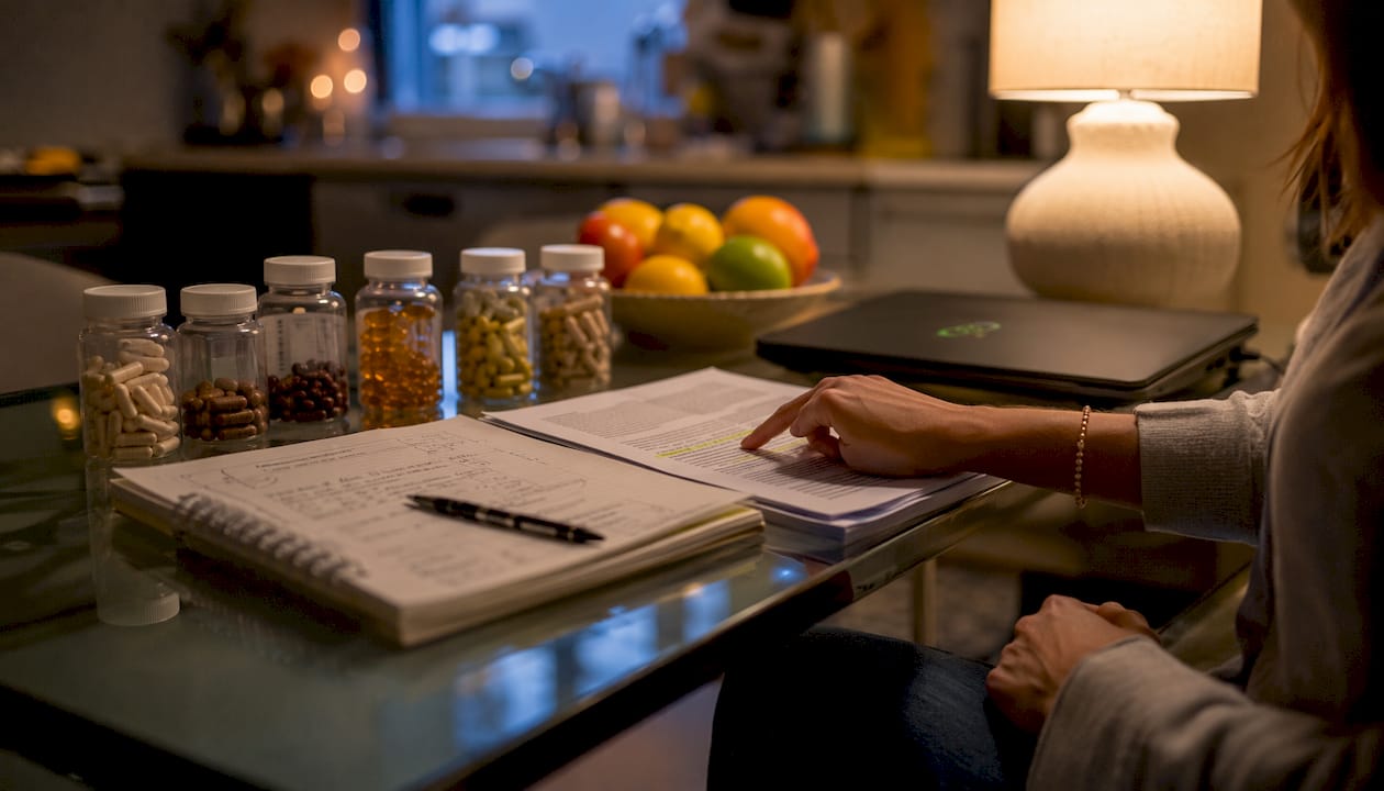 Supplements with clinical research notes on table