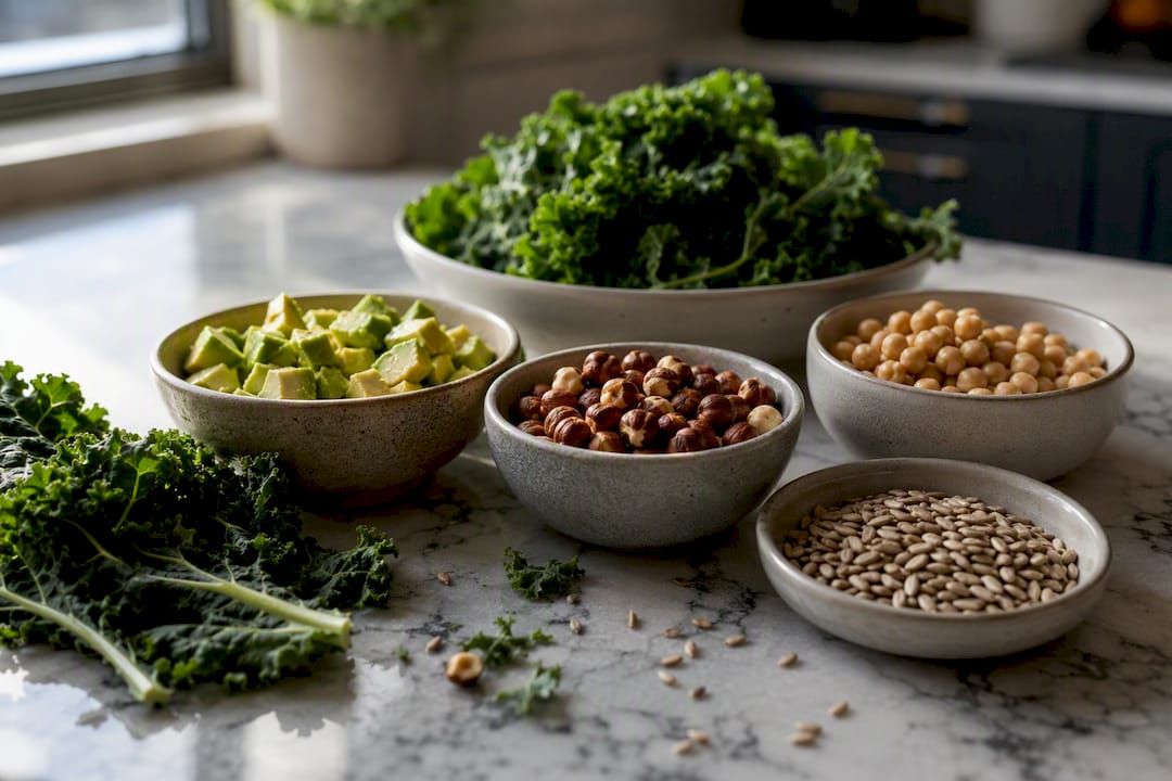 Variety of magnesium-rich foods on wooden table