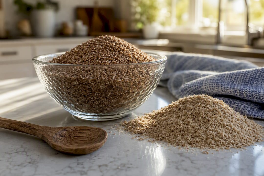 Glass bowl of flaxseed and fiber supplement powders