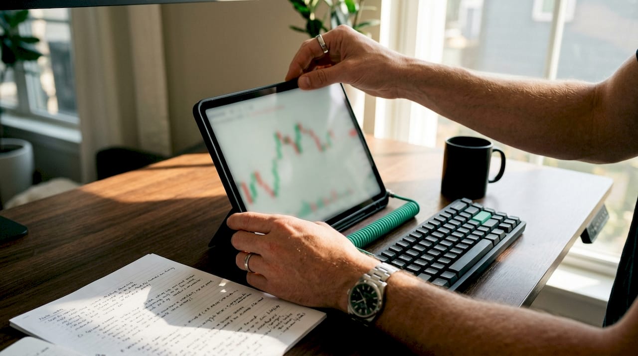 Trader hands typing near tablet showing charts