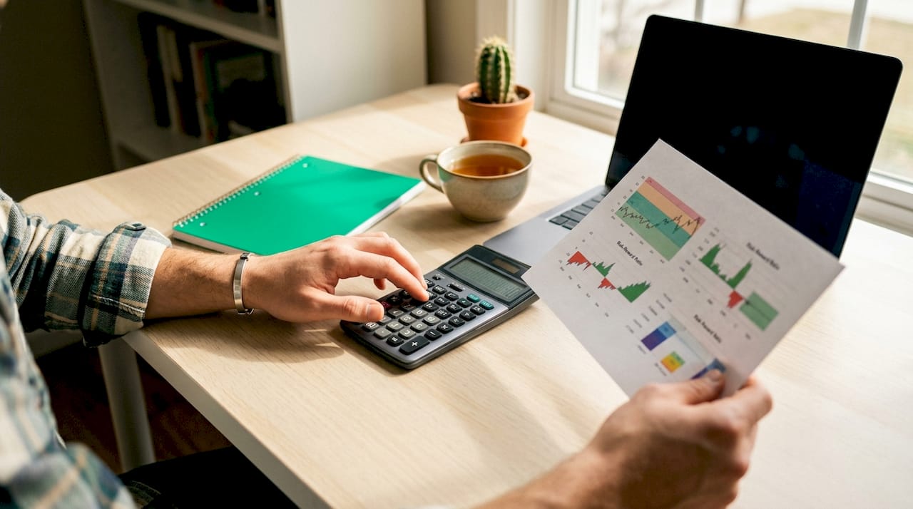 Hands calculating risk-reward ratio on desk