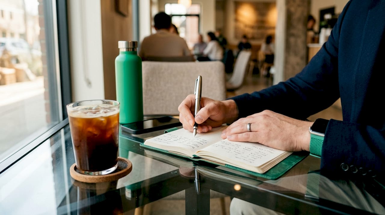 Hands writing in options trading journal at café table