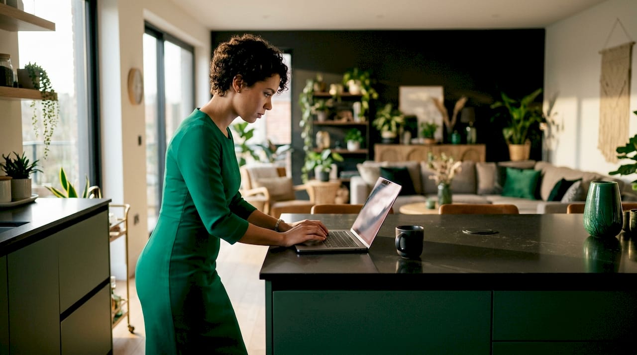 Female trader using trading software in office