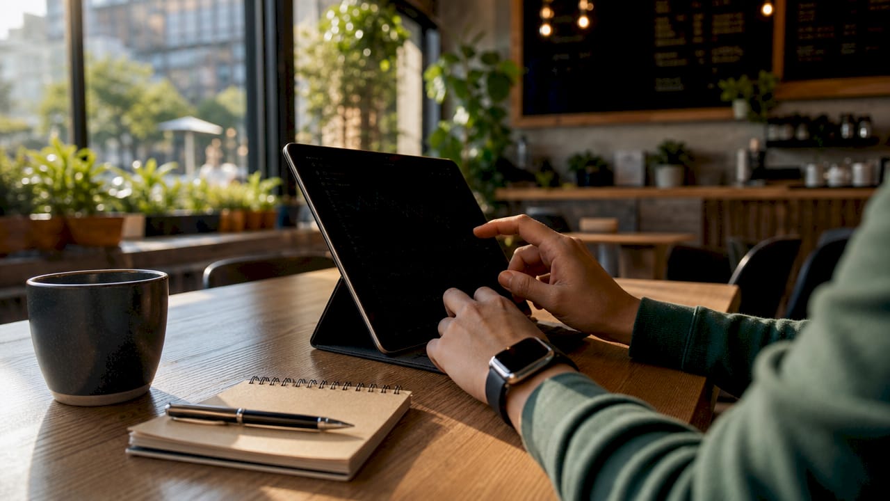 Hands adjusting smartphone in early morning premarket setup