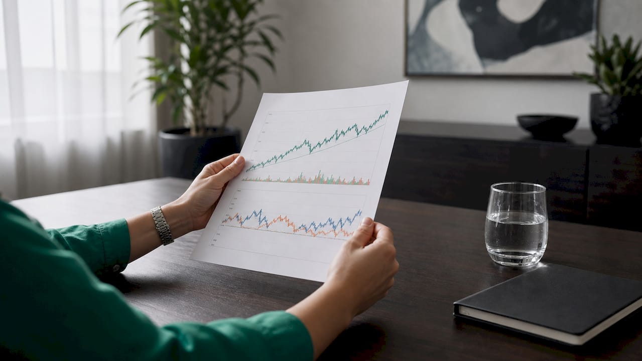Close-up of hands analyzing market trend charts