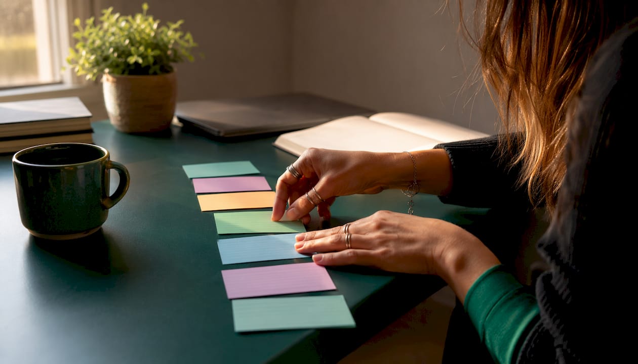Hands organizing option strike price cards on table