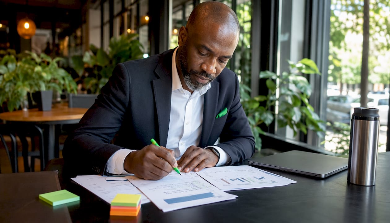 Man analyzing credit spread options documents
