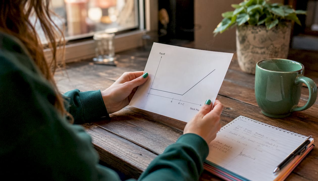 Hands studying option payoff graph and notes