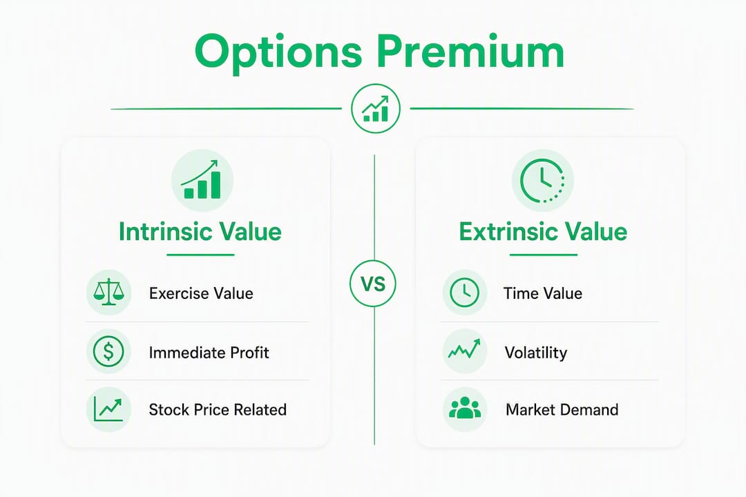 Infographic illustrating intrinsic and extrinsic option premium components