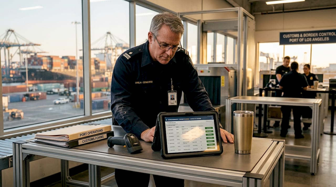 Security officer reviewing flagged manifest entries