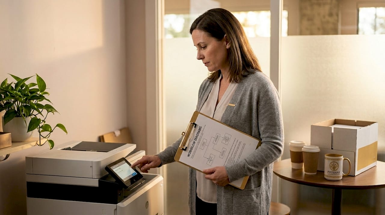 Operations specialist checking printer job queue