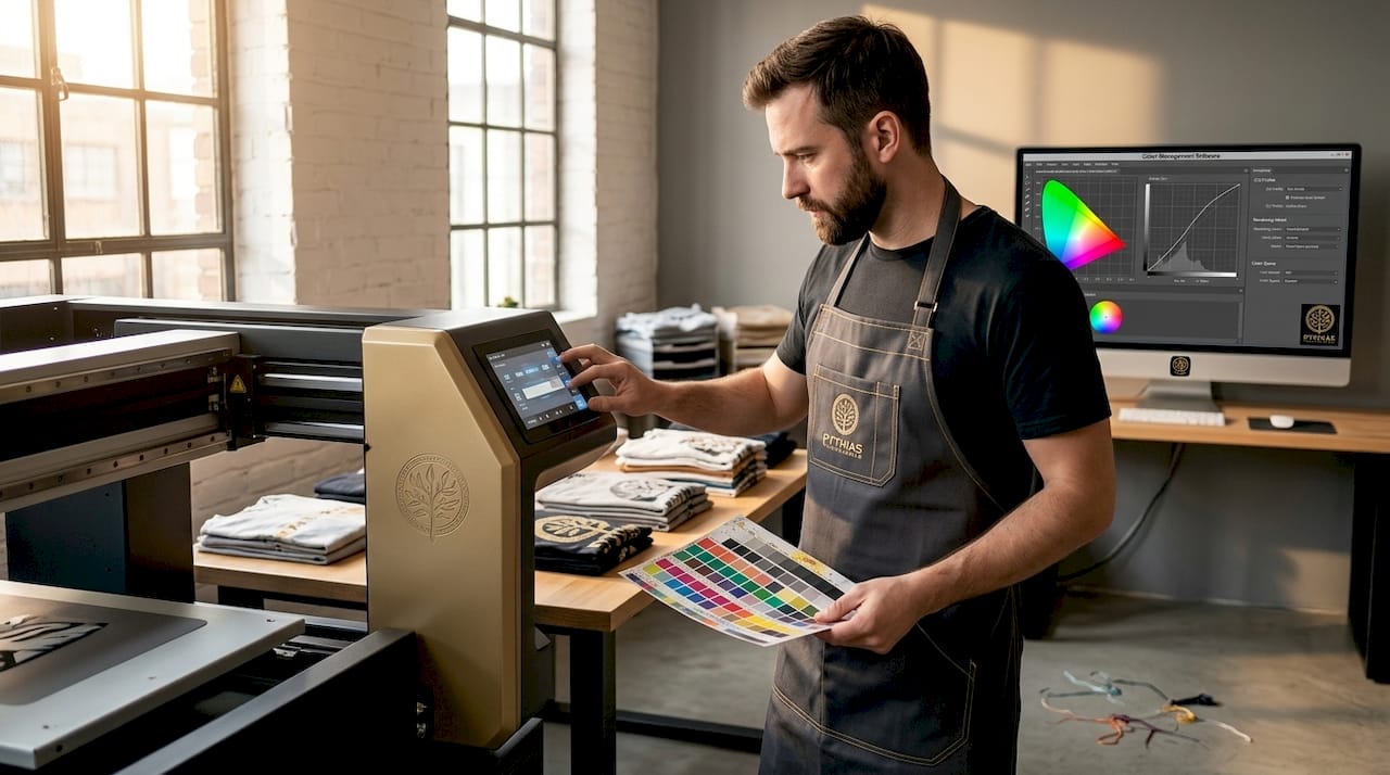 Technician managing DTF DTG color workflow