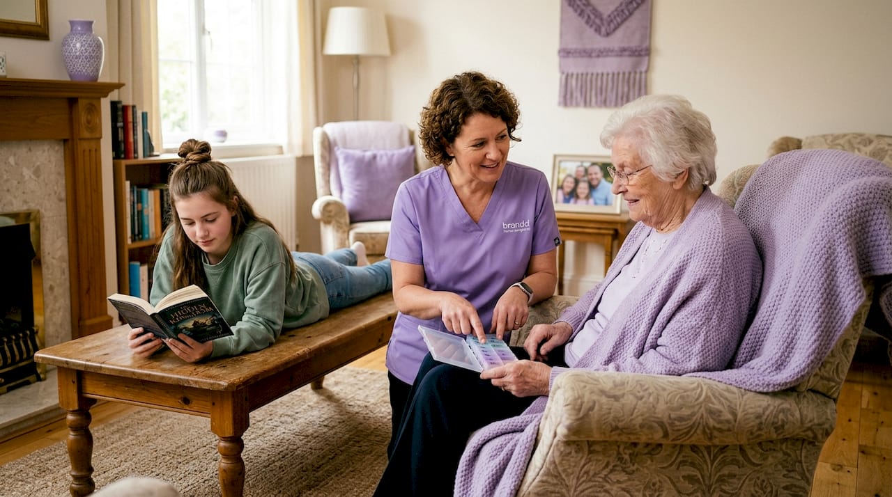 Caregiver assisting with medication in family room