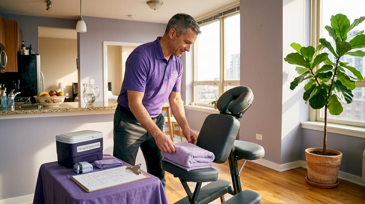 Mobile therapist prepping massage chair and supplies