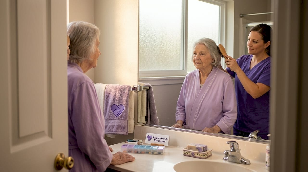 Caregiver assisting senior woman with grooming