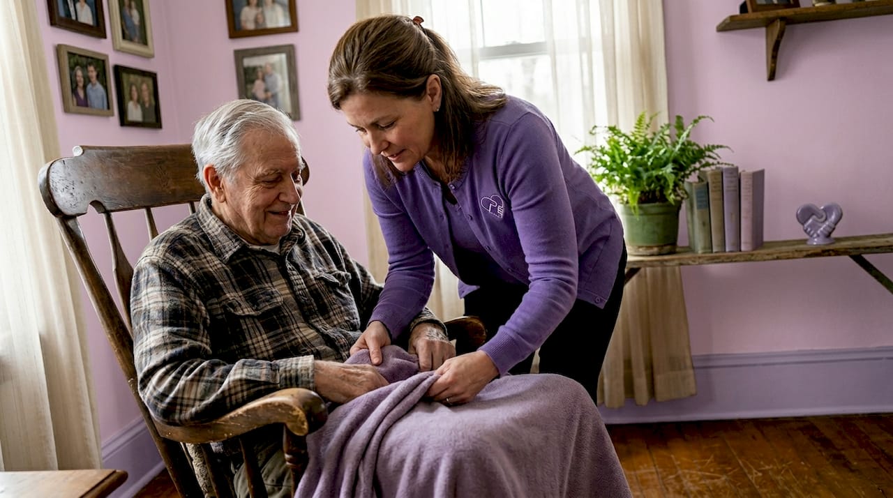 Daughter assisting elderly father in living room
