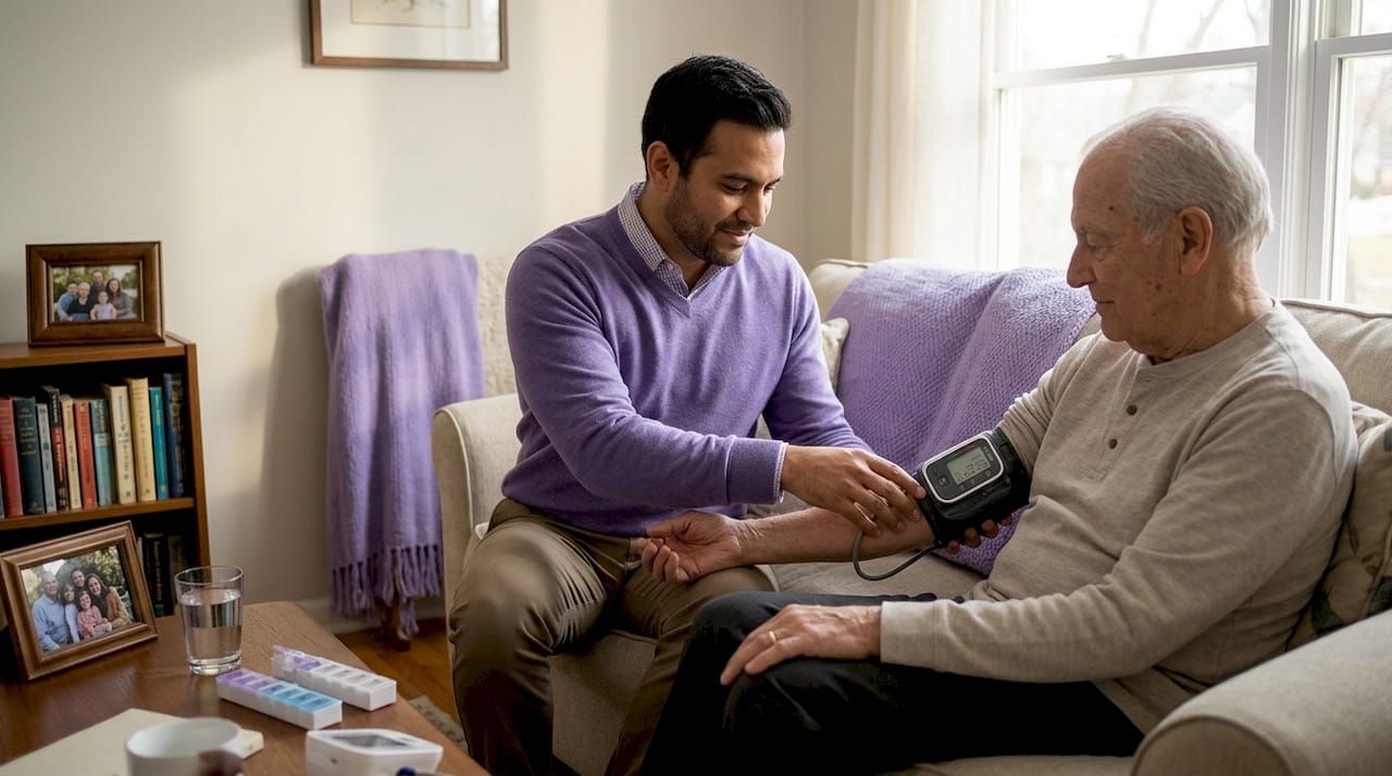 Caregiver monitoring elderly man's blood pressure in kitchen