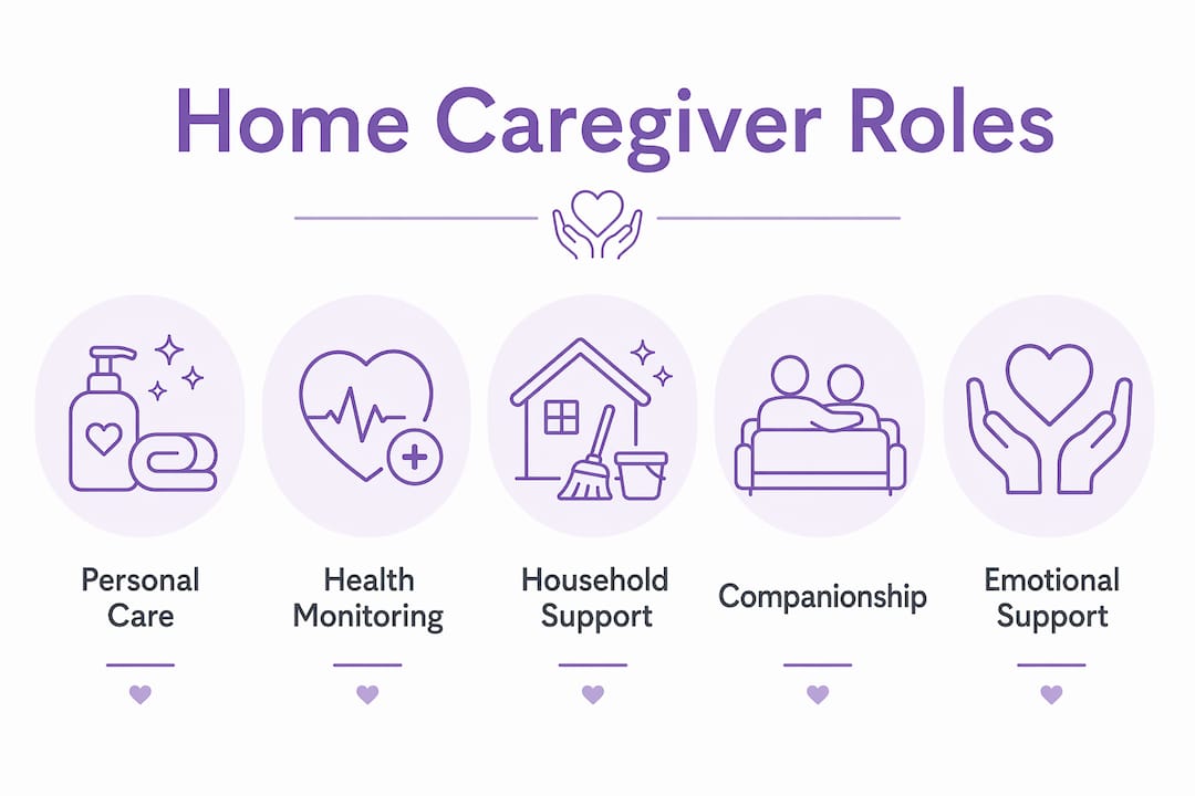 Infographic illustrating core home caregiver responsibilities with hierarchy layout