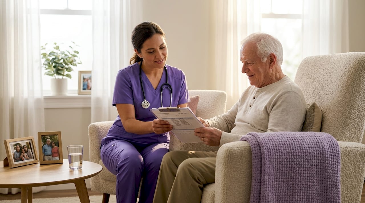 Home health nurse assisting elderly patient at home