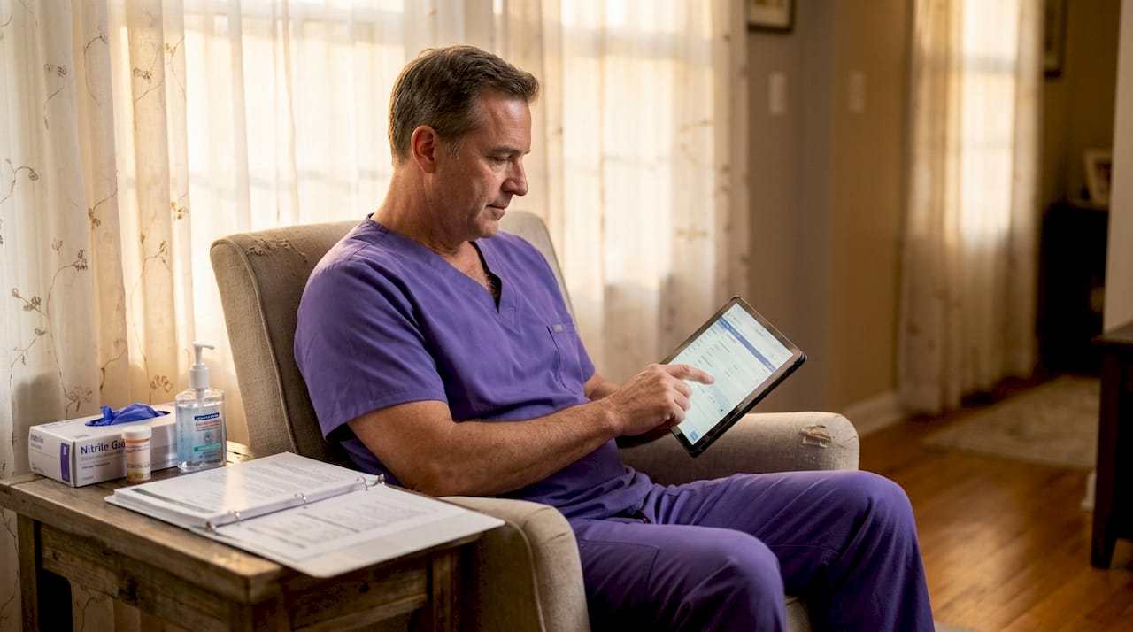 Nurse updating clinical workflow on tablet