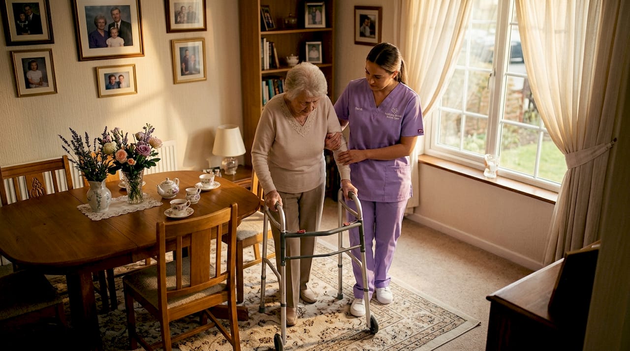 Caregiver assisting elderly woman walking safely