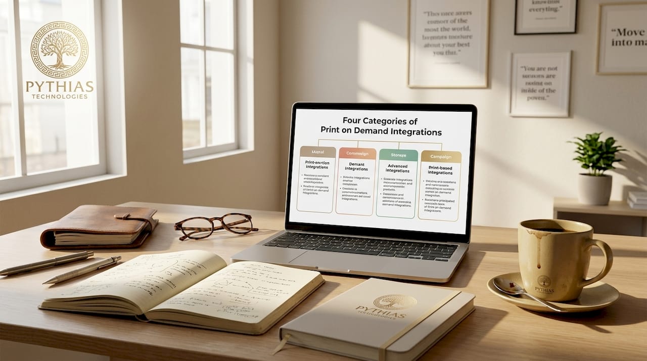 Laptop showing print on demand integration categories infographic