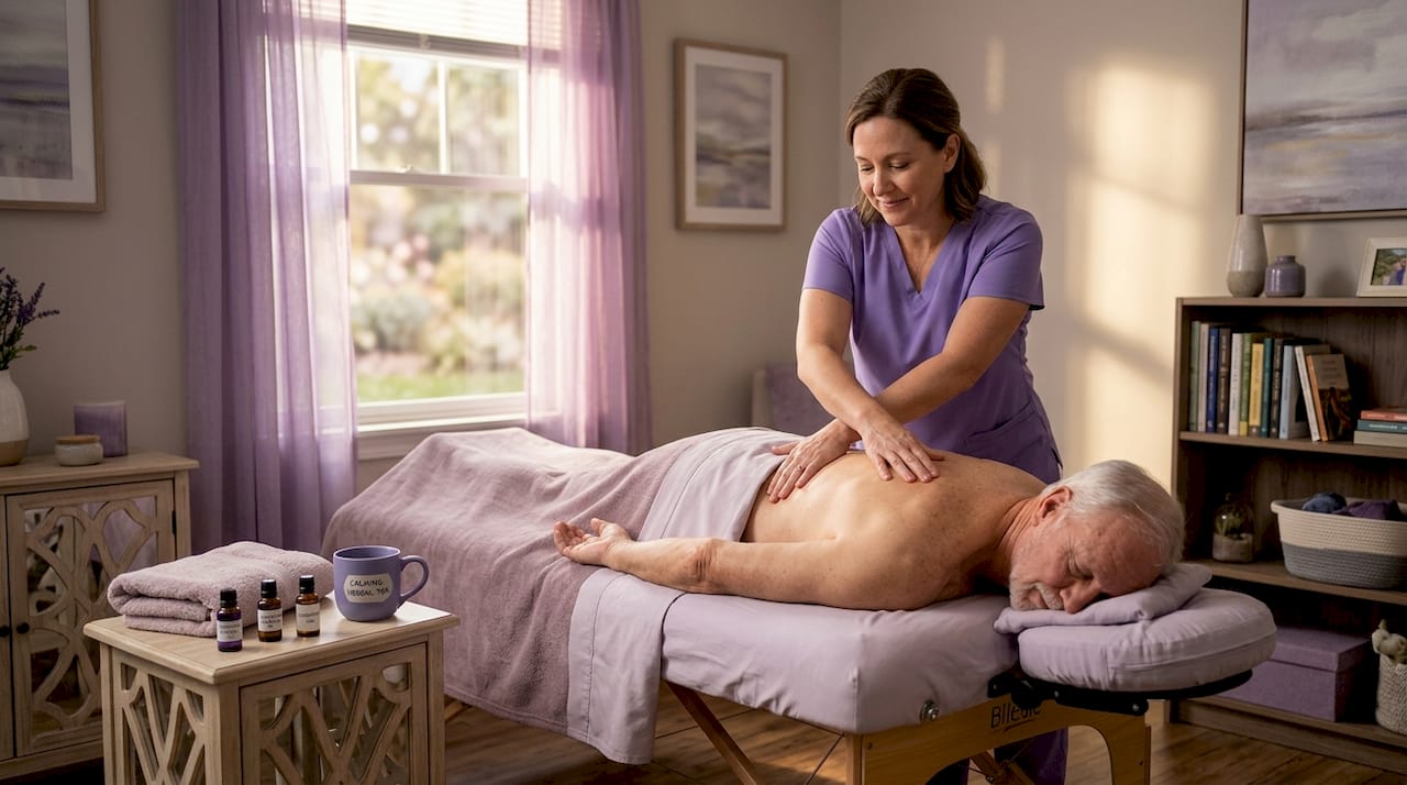In-home therapeutic massage session in bedroom
