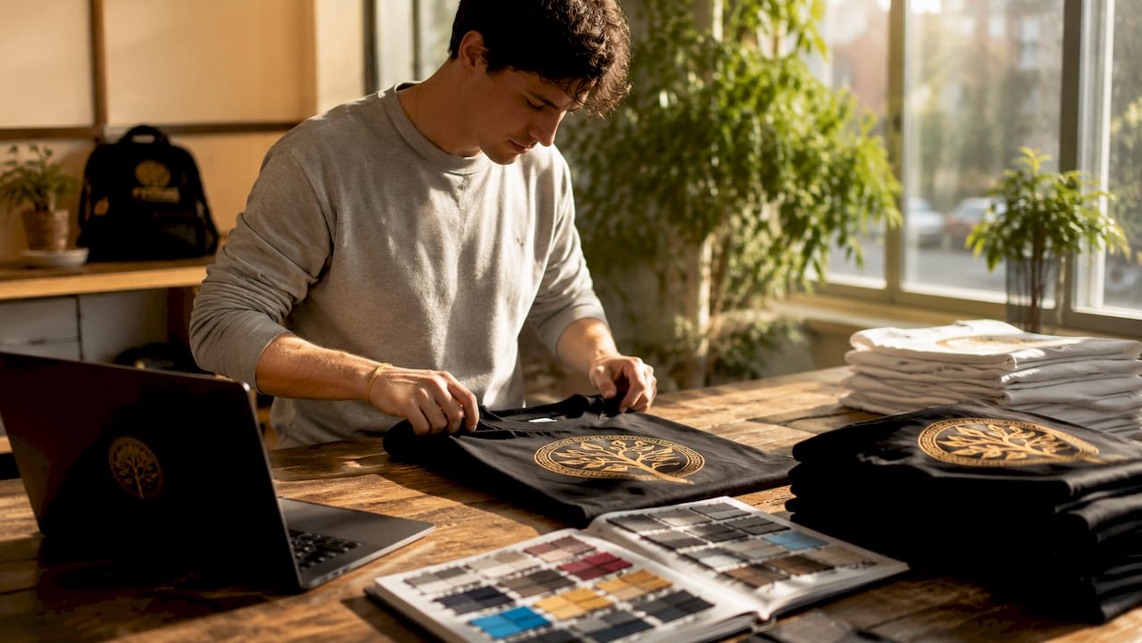 Hands sorting printed t-shirts in print shop