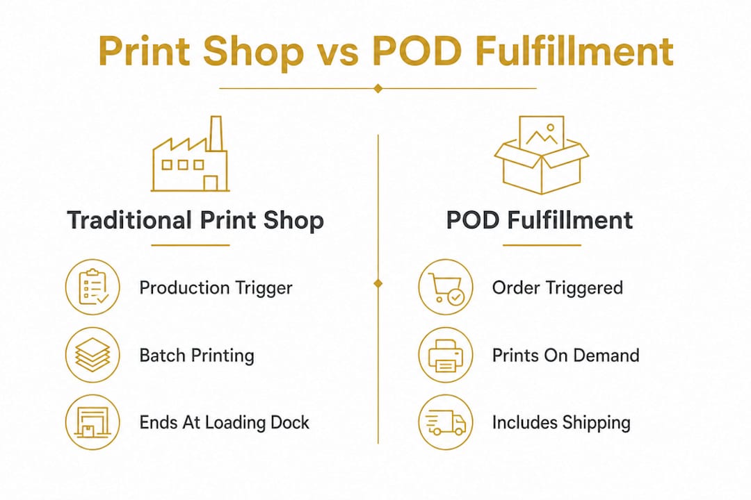 Comparison infographic showing print shop and POD fulfillment differences