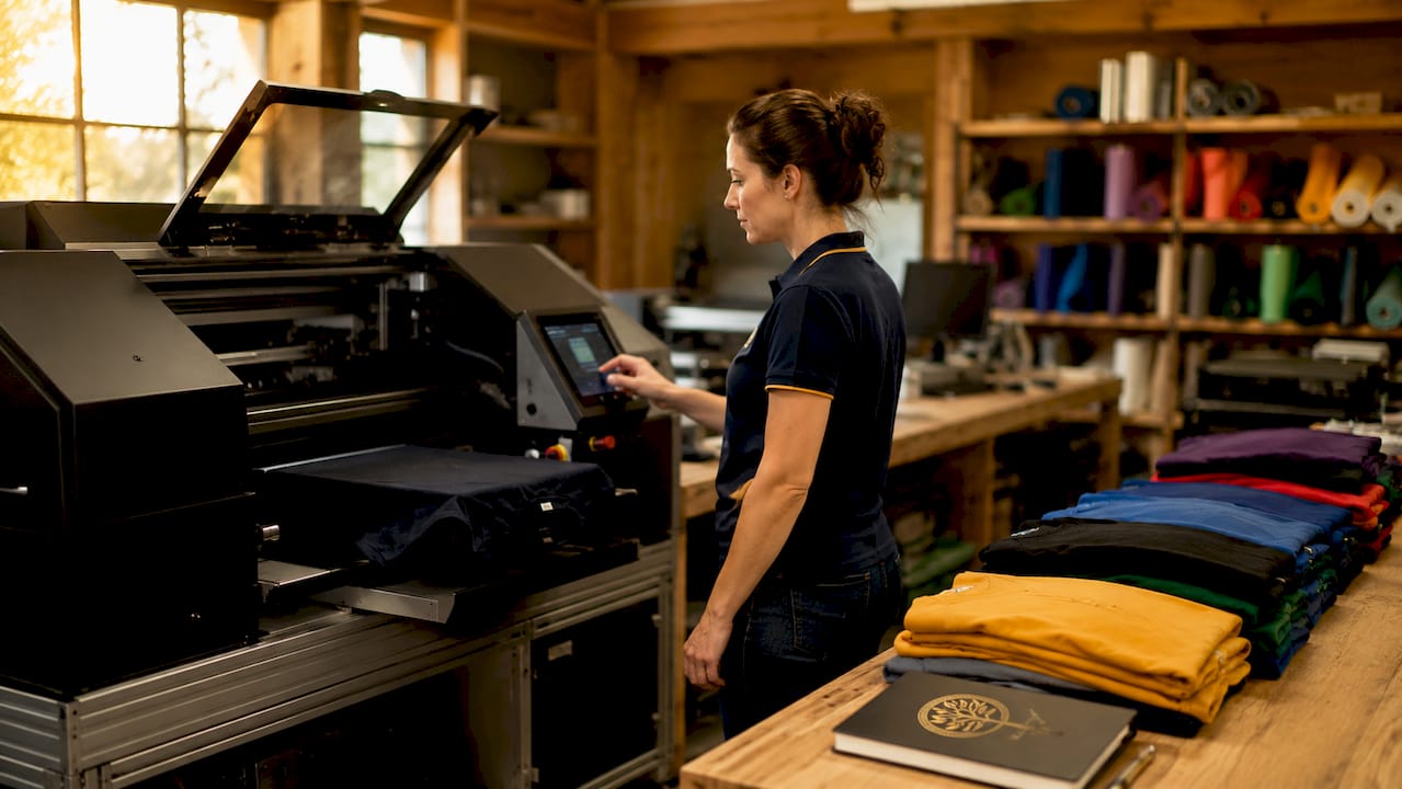 Print operator using touchscreen on DTG printer