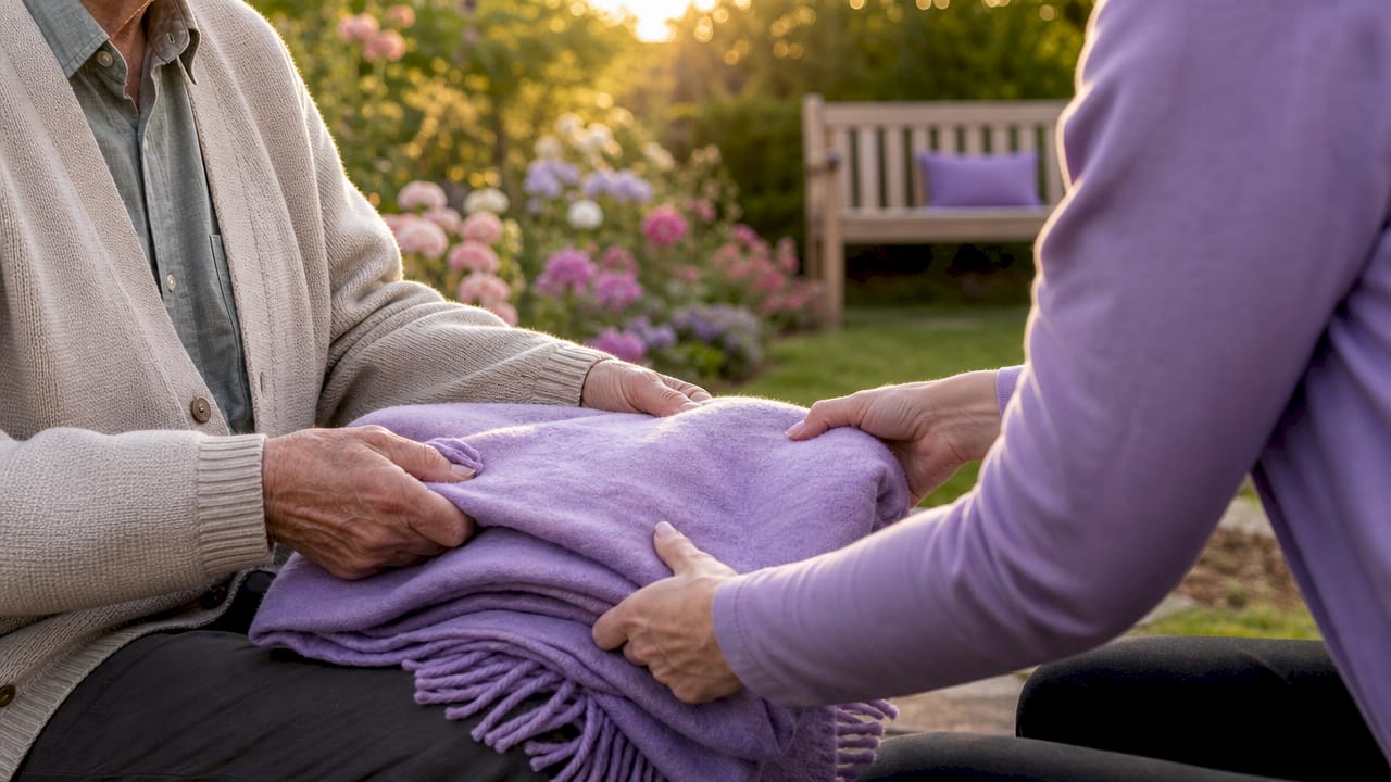 Caregiver assisting elderly man with blanket in home