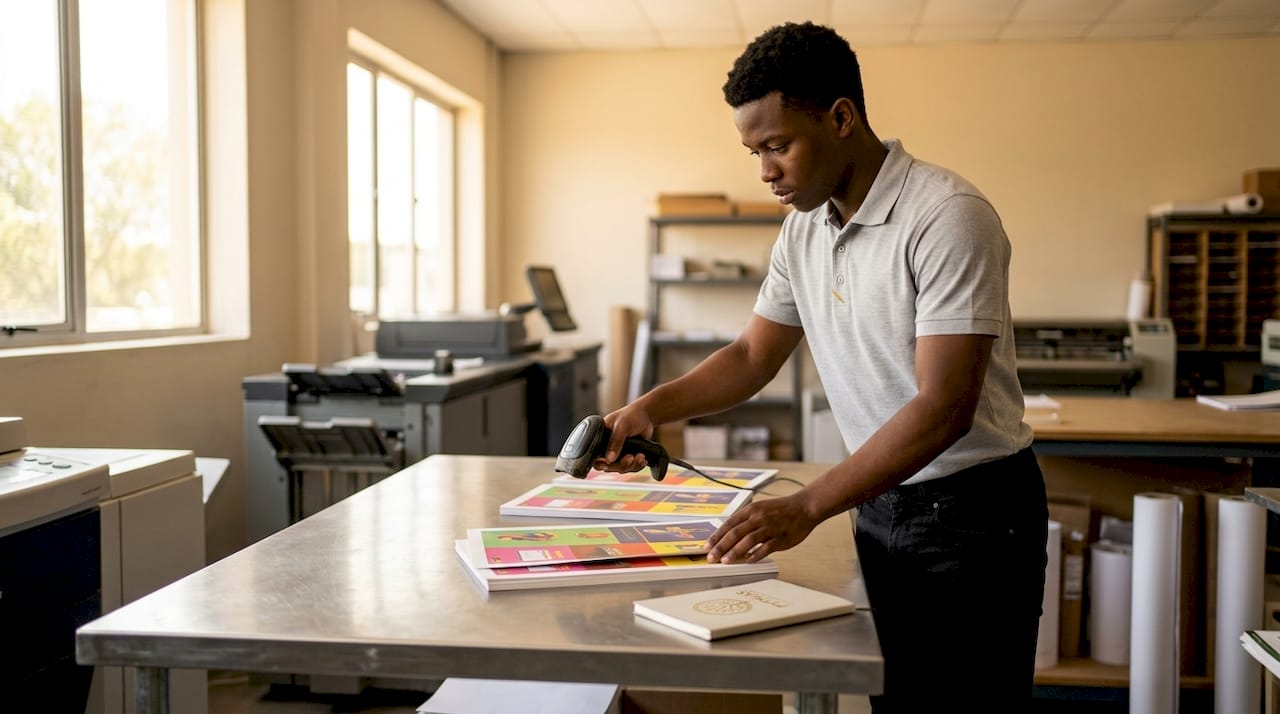 Hands scanning printed sheets with barcode scanner