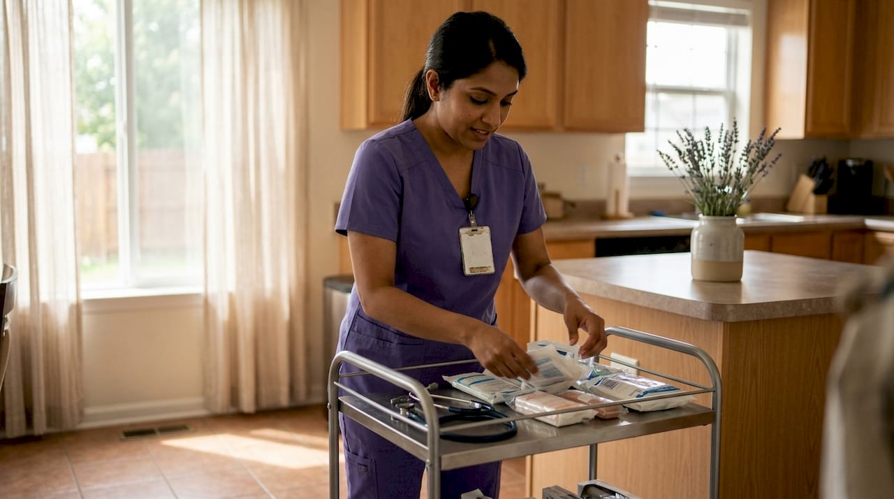 Nurse organizing home care medical supplies